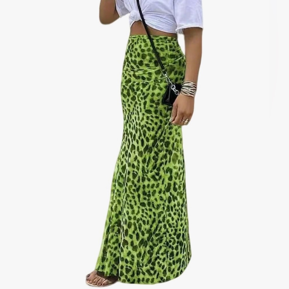 Leopard Print Green Maxi Skirt